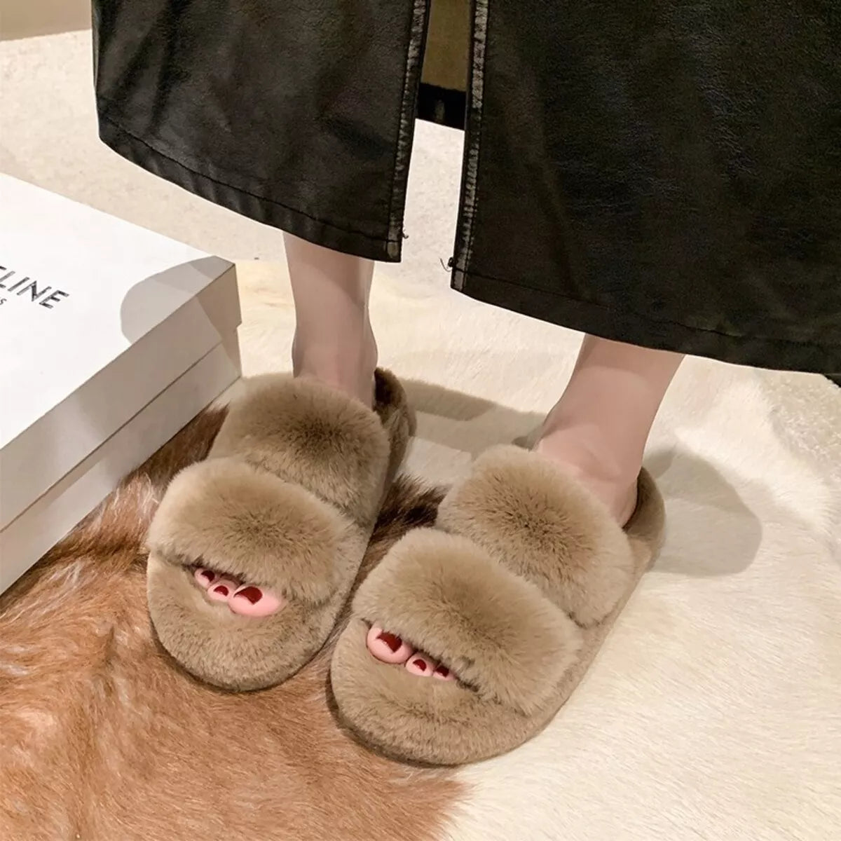 Fluffy Open Toe Slippers – view 7 | Lola Mariee