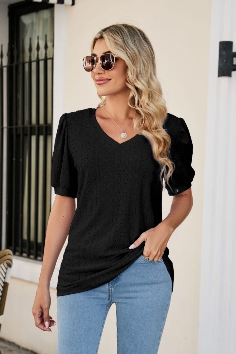 Eyelet Puff Sleeve V-Neck Top - Trendsi | Lola Mariee