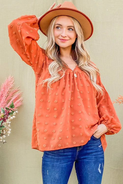 And The Why Swiss Dot V Neck Balloon Sleeve Woven Blouse | Lola Mariee