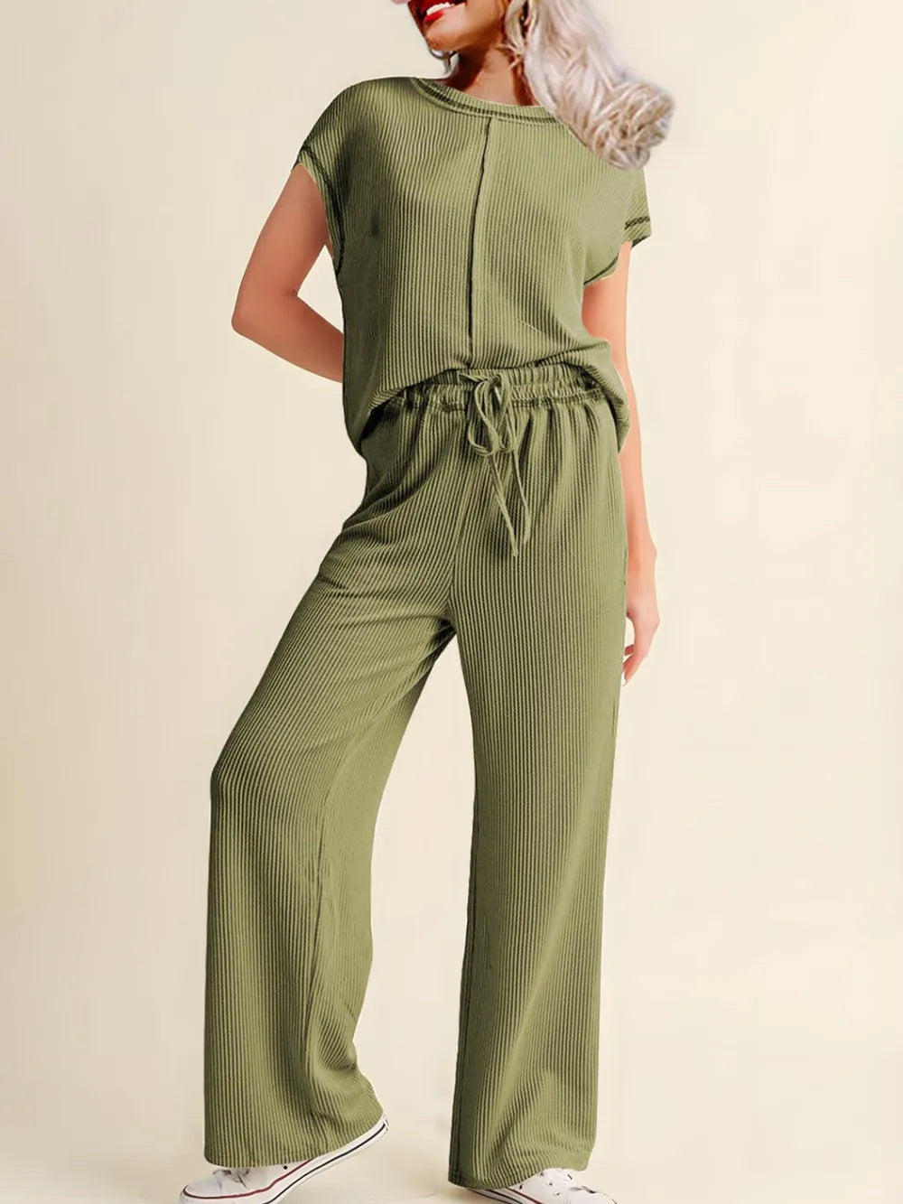 Ribbed Exposed Seam Top and Pants Set – view 5 | Lola Mariee