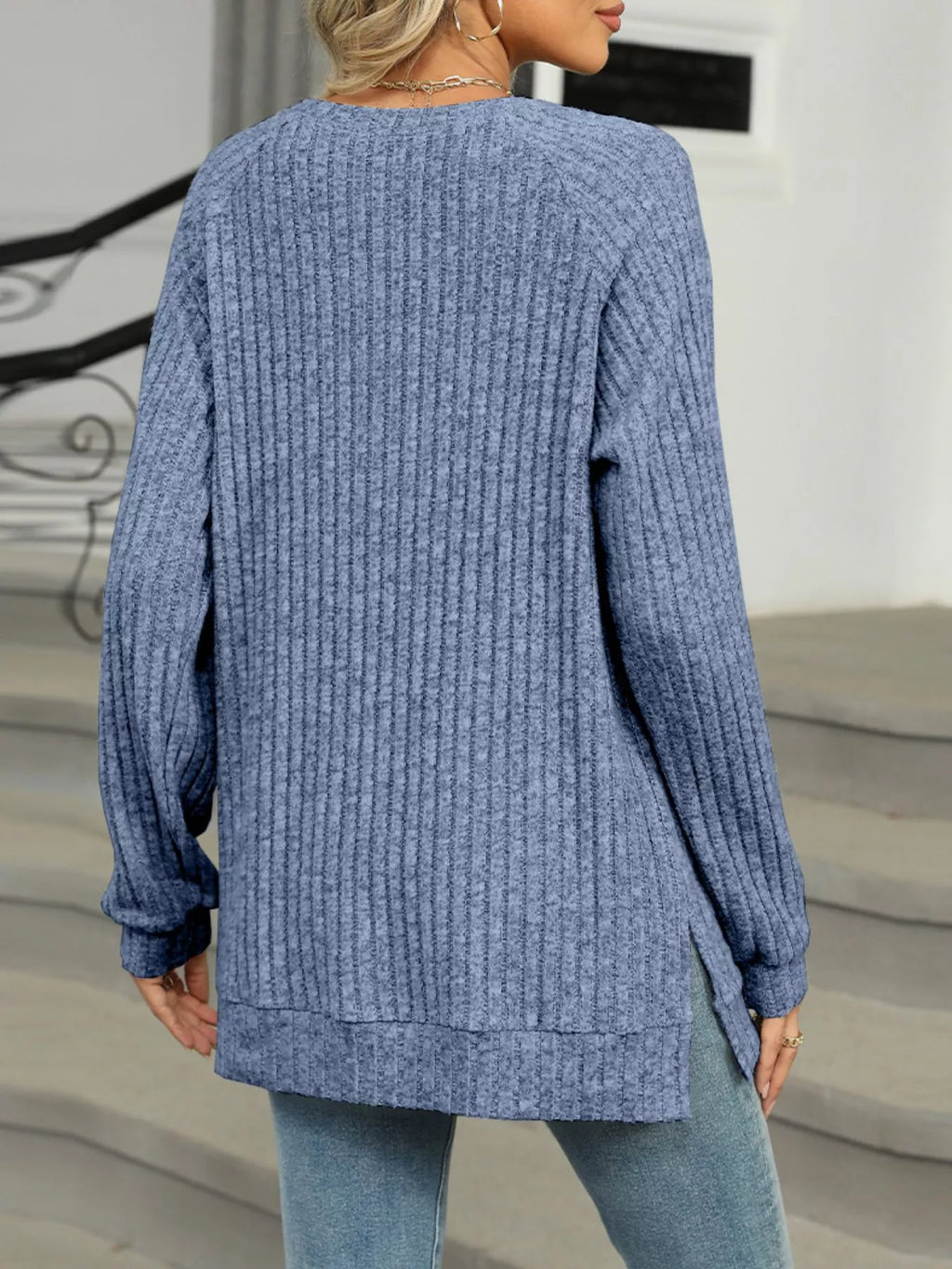 Round Neck Side Slit Ribbed Knit Top with Asymmetric Button Detail - Trendsi | Lola Mariee