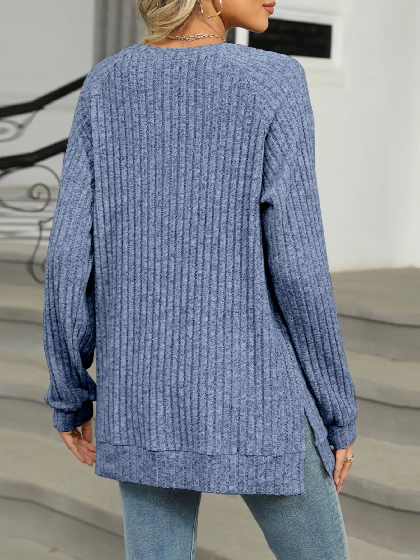 Round Neck Side Slit Ribbed Knit Top with Asymmetric Button Detail - Trendsi | Lola Mariee