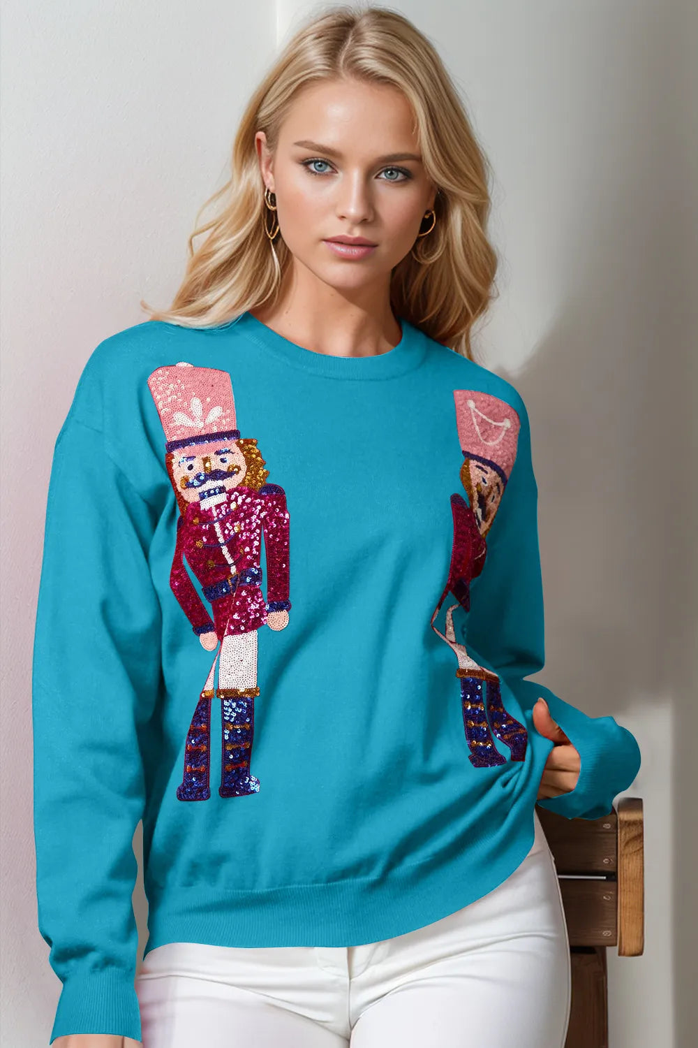 Double Take Full Size Nutcracker Sequin Long Sleeve Sweater – view 3 | Lola Mariee