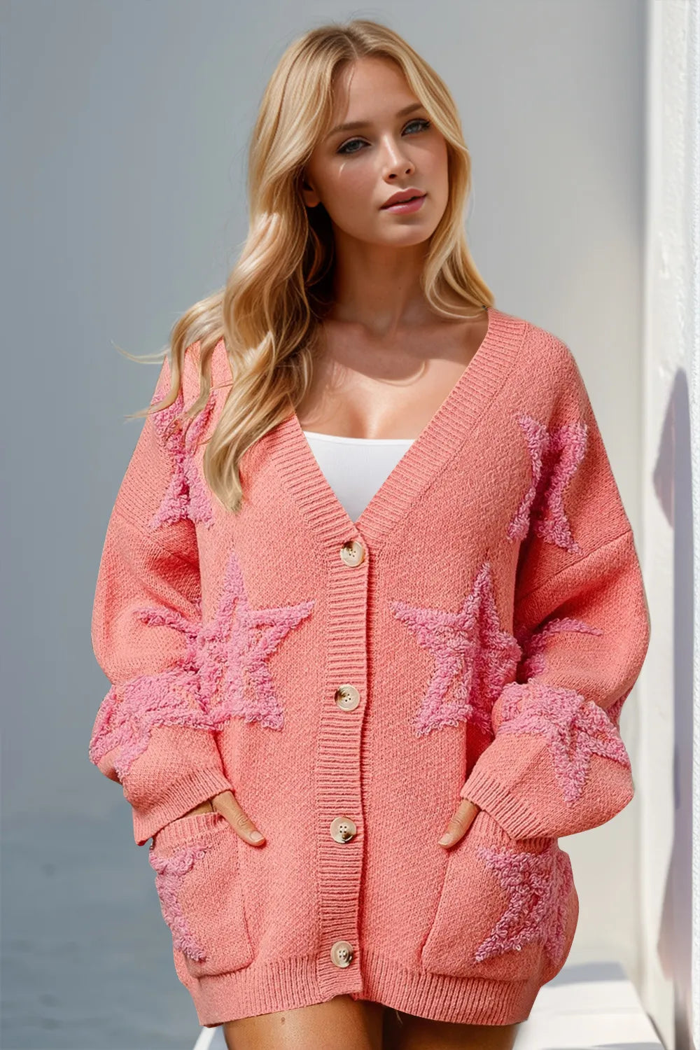 Double Take Full Size Button Up Star Pattern Cardigan – view 2 | Lola Mariee