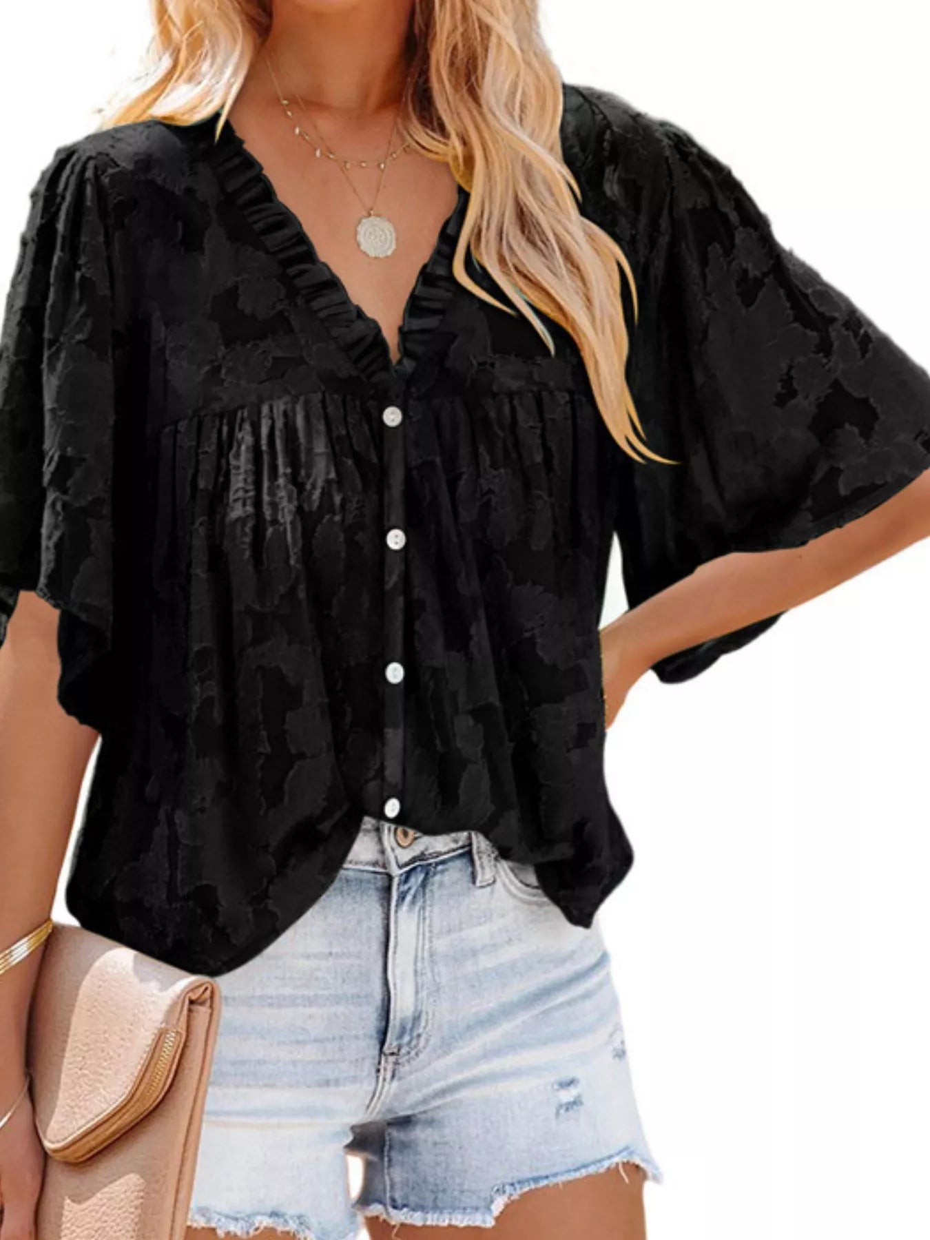 Full Size Textured V-Neck Button-Down Shirt Plus Size - Trendsi | Lola Mariee