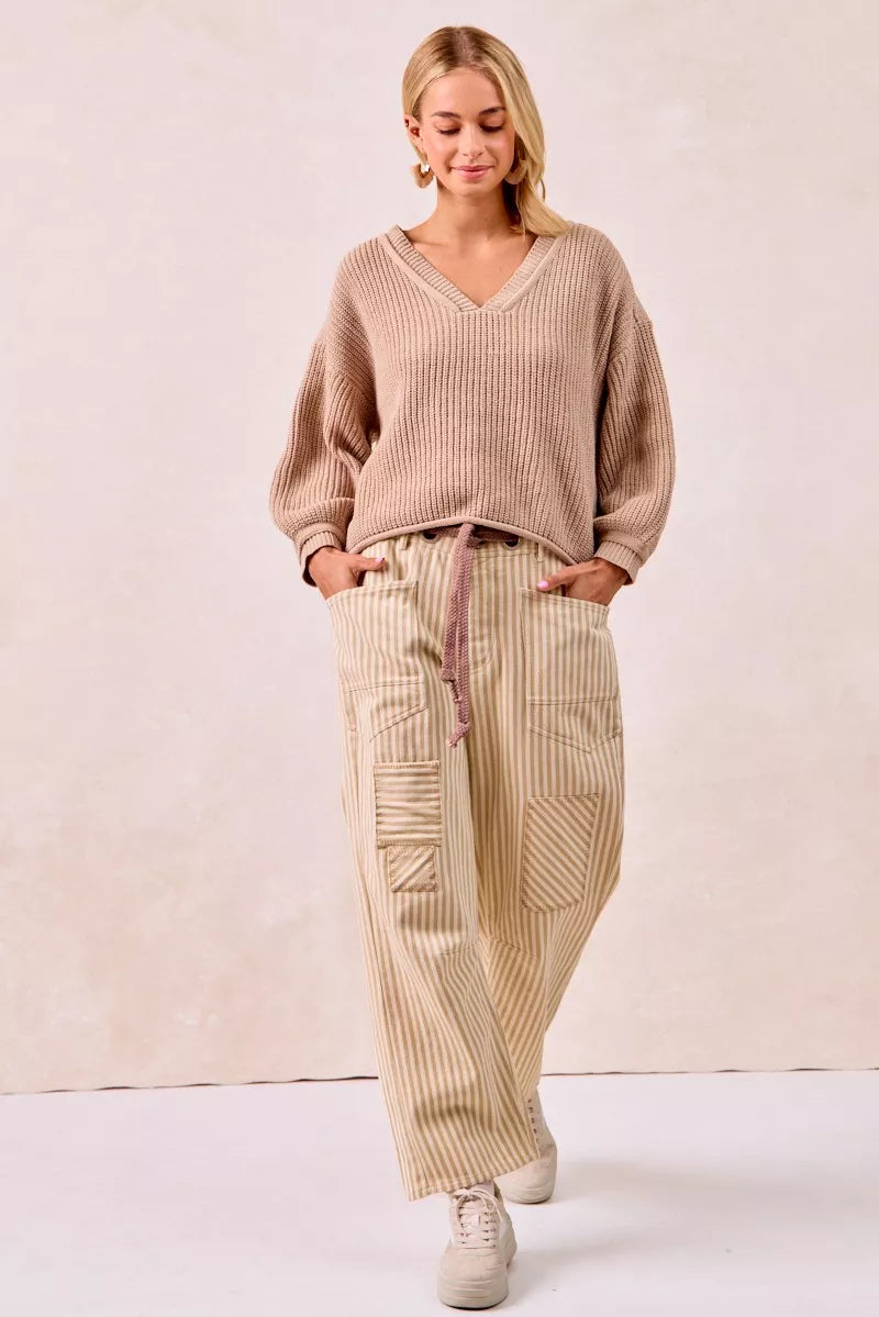 BiBi Drawstring Striped Twill Barrel Pants - Trendsi | Lola Mariee