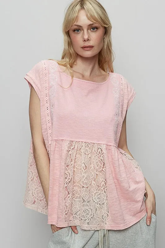 POL Embroidered Detail Boat Neck Cap Sleeve Lace Blouse | Lola Mariee