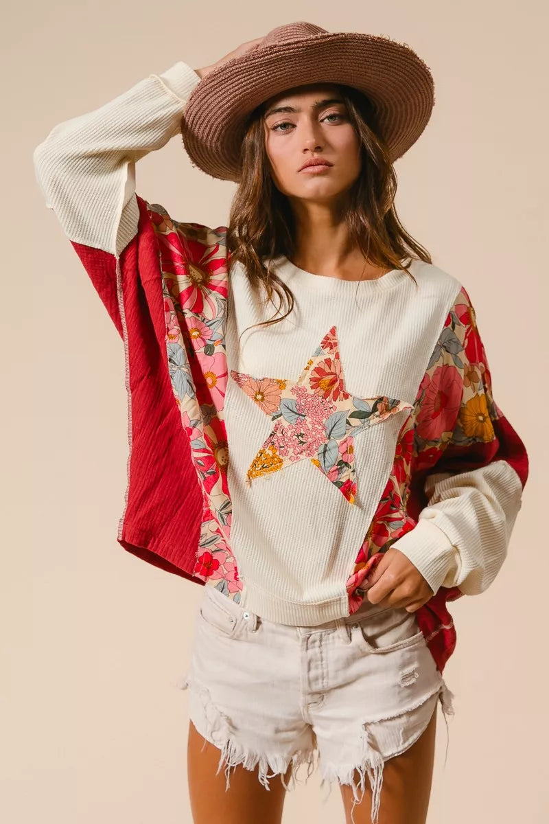 BiBi Floral Print Mixed Star Patch Round Neck Sweatshirt - Trendsi | Lola Mariee