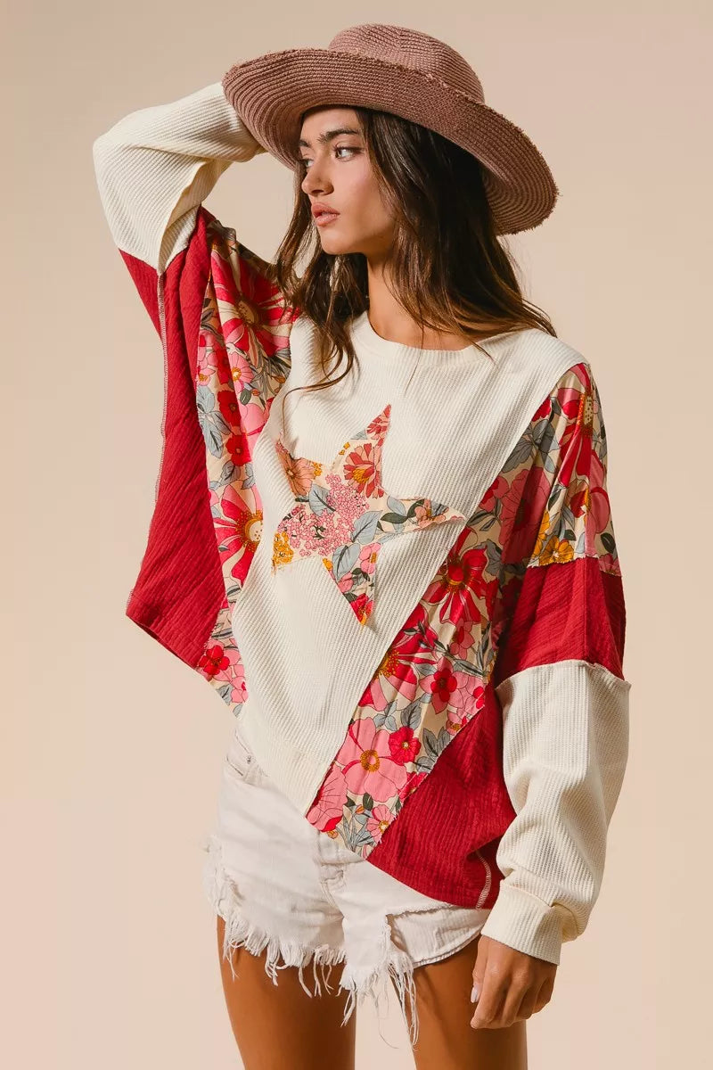 BiBi Floral Print Mixed Star Patch Round Neck Sweatshirt - Trendsi | Lola Mariee