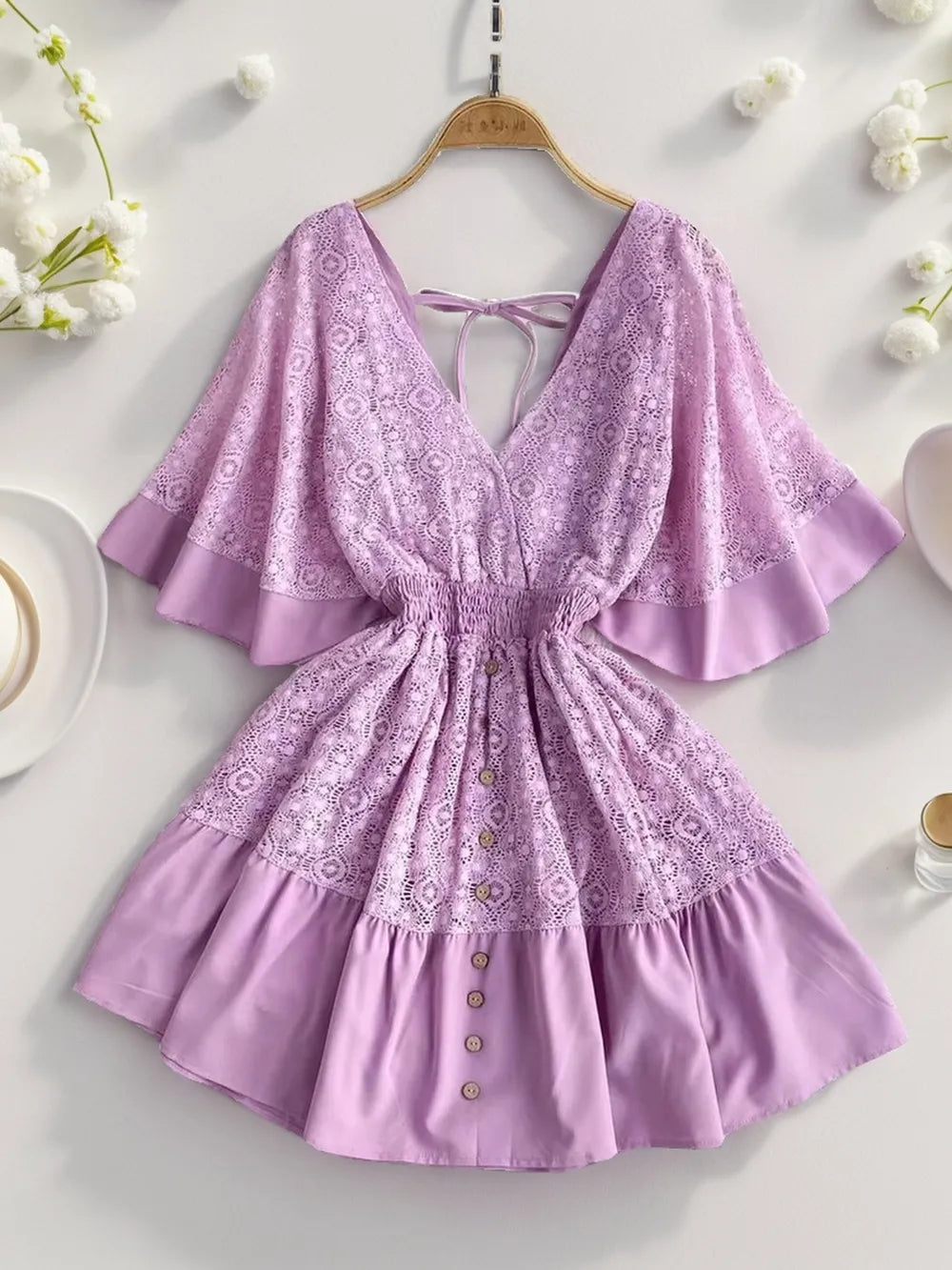 Ruffle Hem Tie Back Lace Mini Dress – view 10 | Lola Mariee