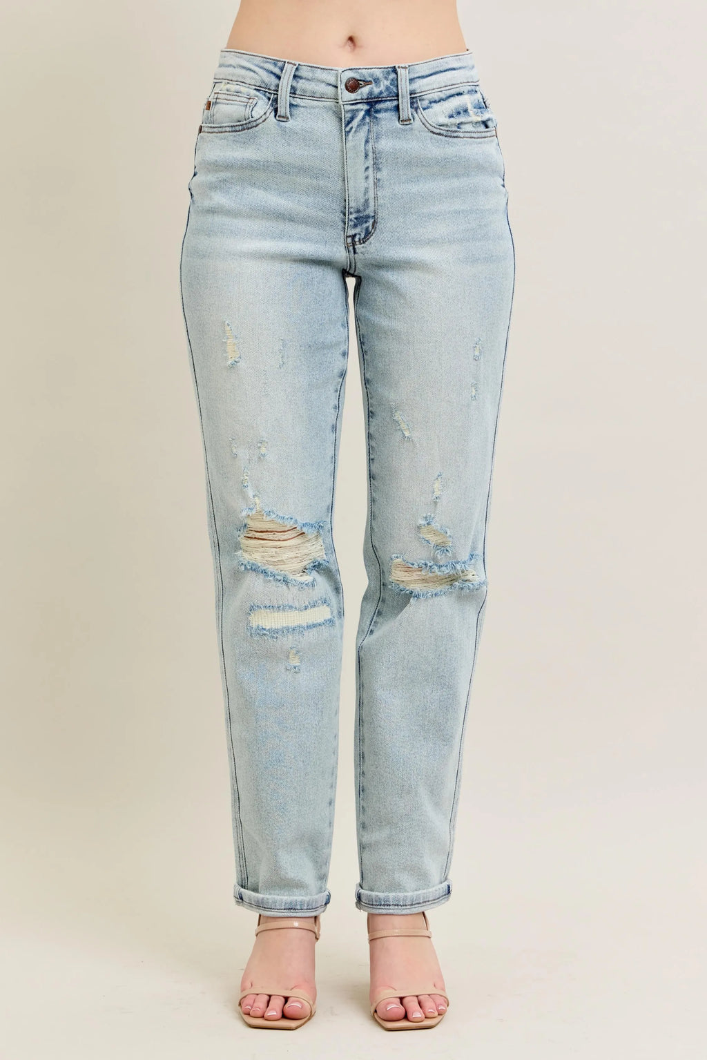 Judy Blue Full Size Mr Repair Stitch Detail Destroy Single Cuff Bf Jeans Plus Size - women's bottoms at Lola Mariee boutique