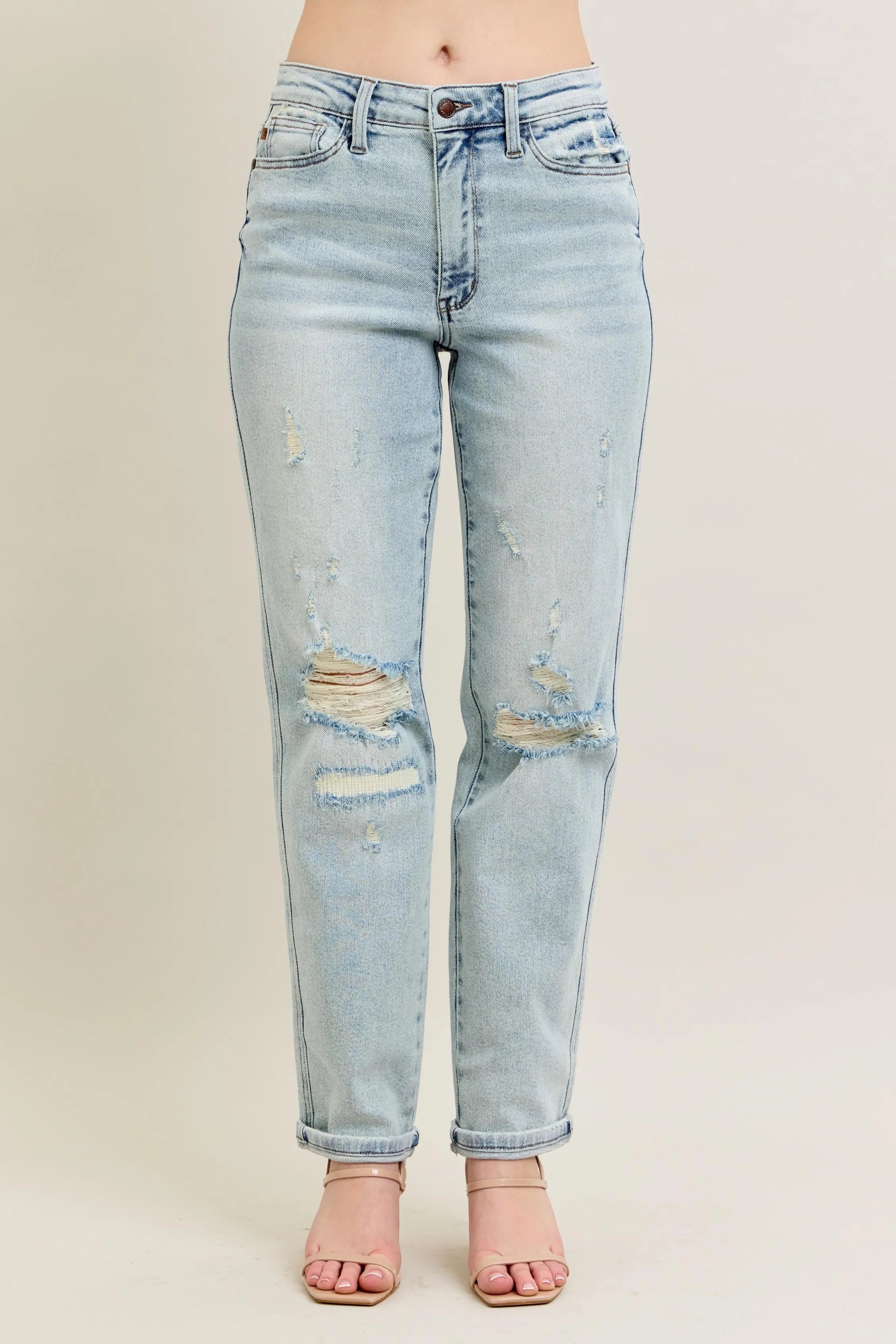 Judy Blue Full Size Mr Repair Stitch Detail Destroy Single Cuff Bf Jeans Plus Size - women's bottoms at Lola Mariee boutique