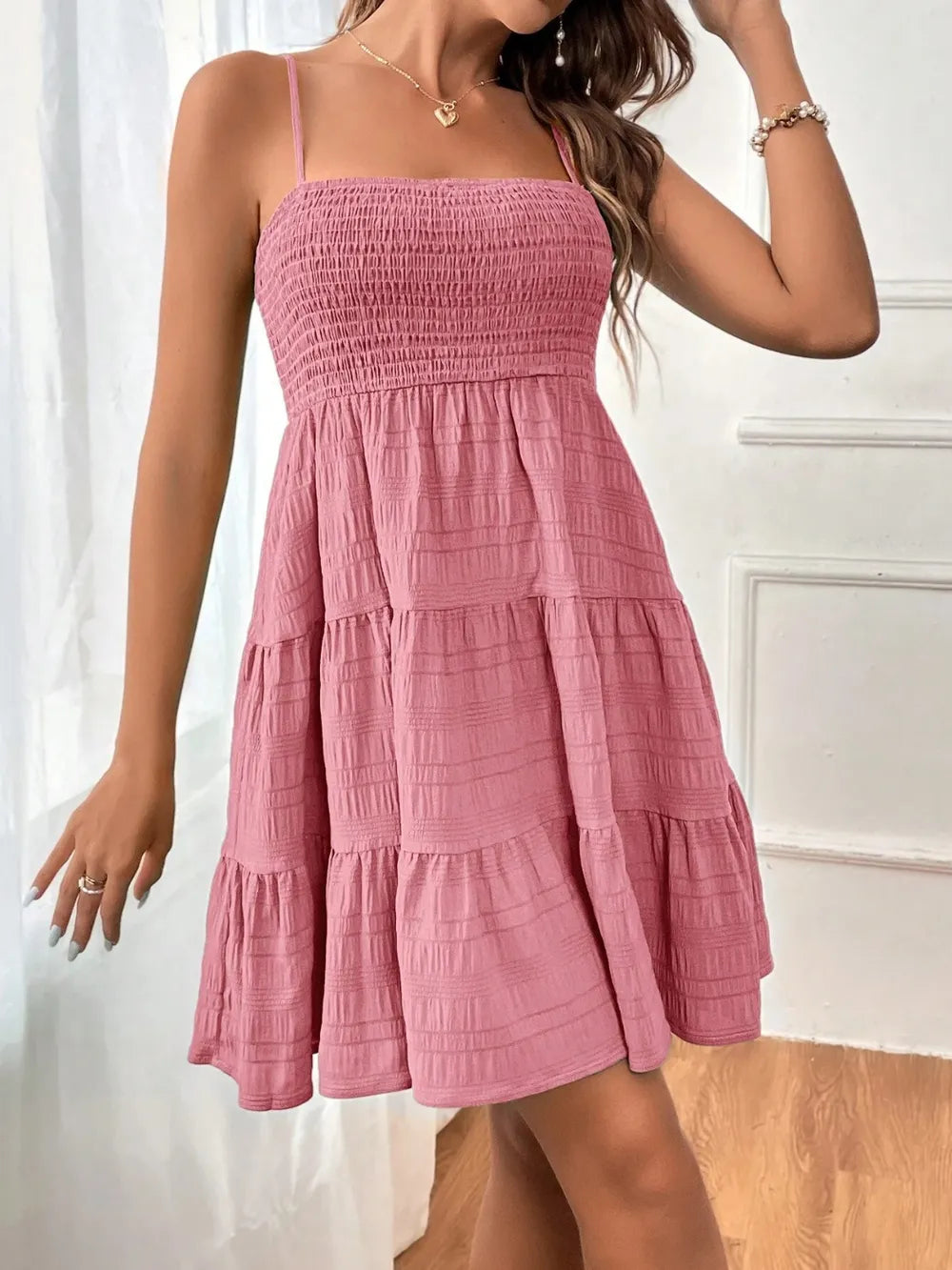 Smocked Tiered Sleeveless Mini Dress – view 5 | Lola Mariee