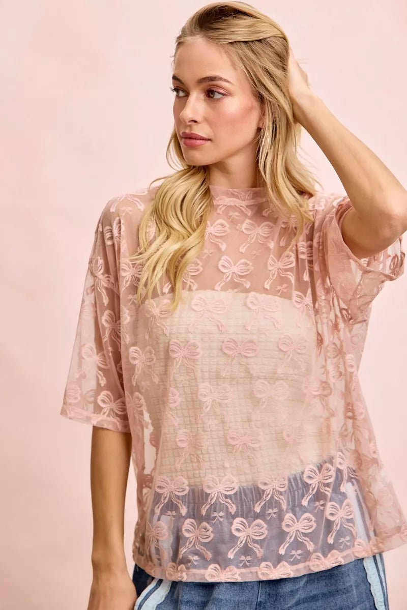 BiBi Bow Pattern Short Sleeves Boxy Mesh Top - Trendsi | Lola Mariee