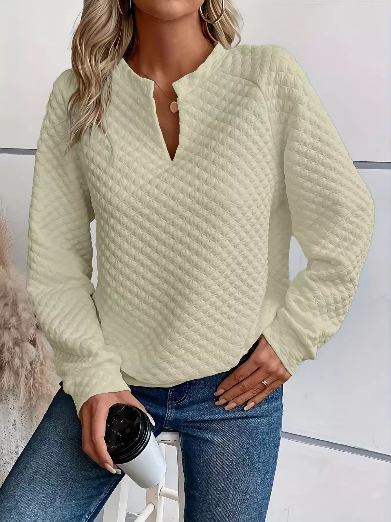 Textured Notched Raglan Sleeve Sweatshirt - Trendsi | Lola Mariee