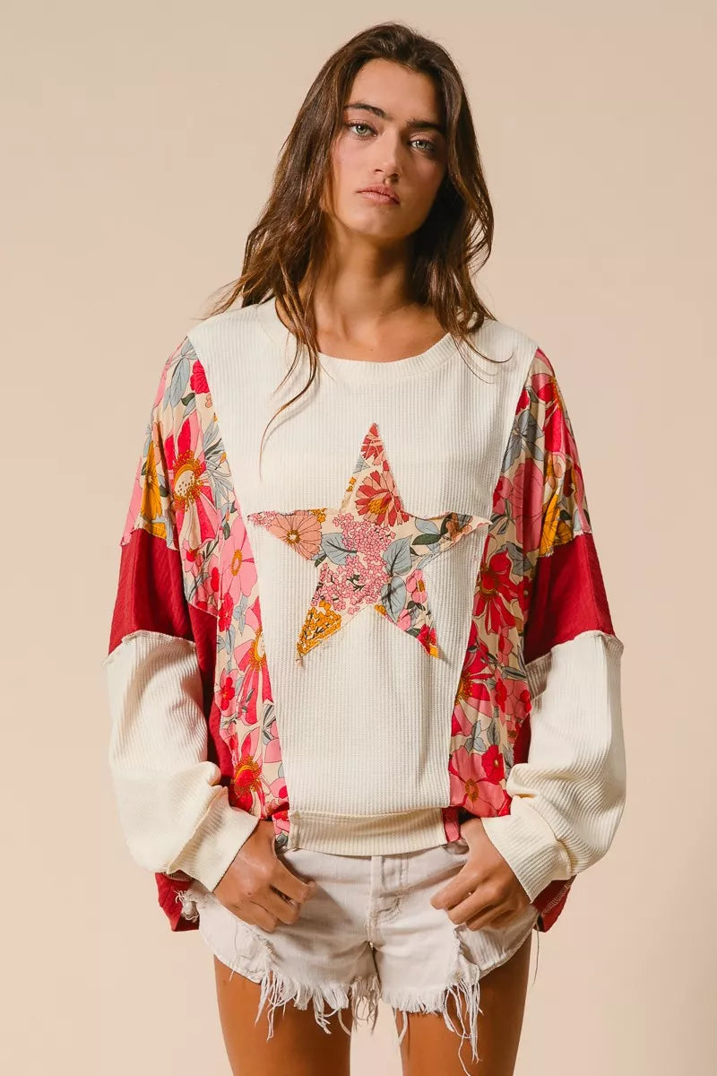 BiBi Floral Print Mixed Star Patch Round Neck Sweatshirt - Trendsi | Lola Mariee