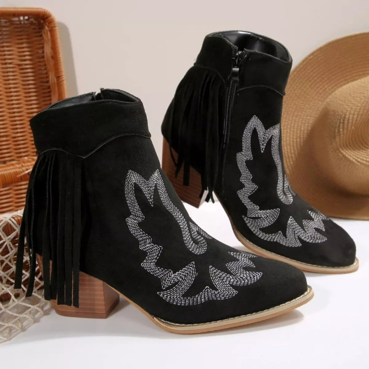 Fringe Point Toe Block Heels Boots – view 2 | Lola Mariee
