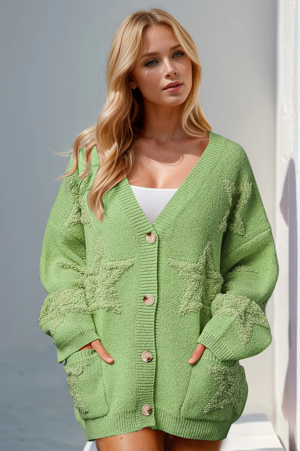 Double Take Full Size Button Up Star Pattern Cardigan – view 5 | Lola Mariee