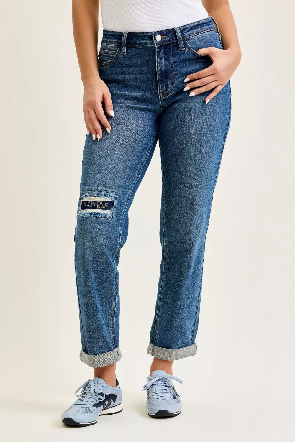 Judy Blue Mid Rise Boyfriend Embroidered Repair Patch Jeans - women's bottoms at Lola Mariee boutique