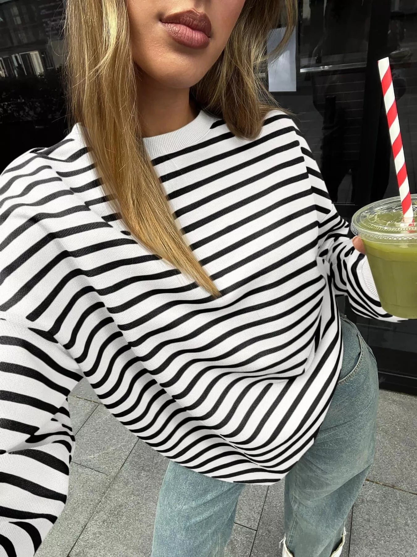 Striped Round Neck Oversized Casual Sweatshirt - Trendsi | Lola Mariee