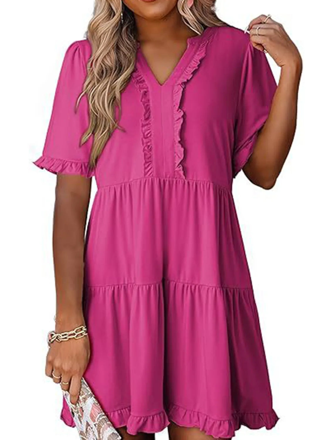 Tiered Notched Short Sleeve Mini Dress – view 7 | Lola Mariee