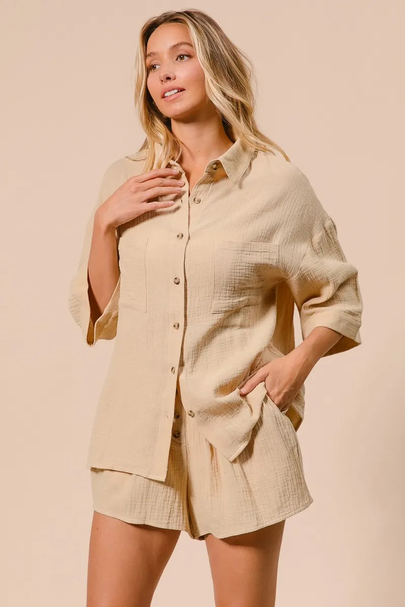 BiBi Crinkle Gauze Shirt and Short Set - Trendsi | Lola Mariee