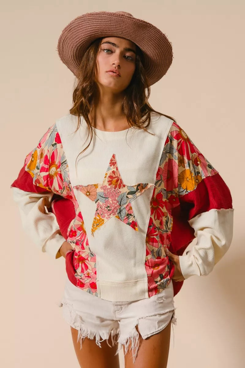 BiBi Floral Print Mixed Star Patch Round Neck Sweatshirt - Trendsi | Lola Mariee