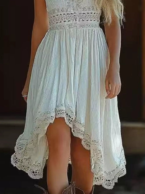 Asymmetrical Hem Lace V-Neck Cami Dress – view 2 | Lola Mariee