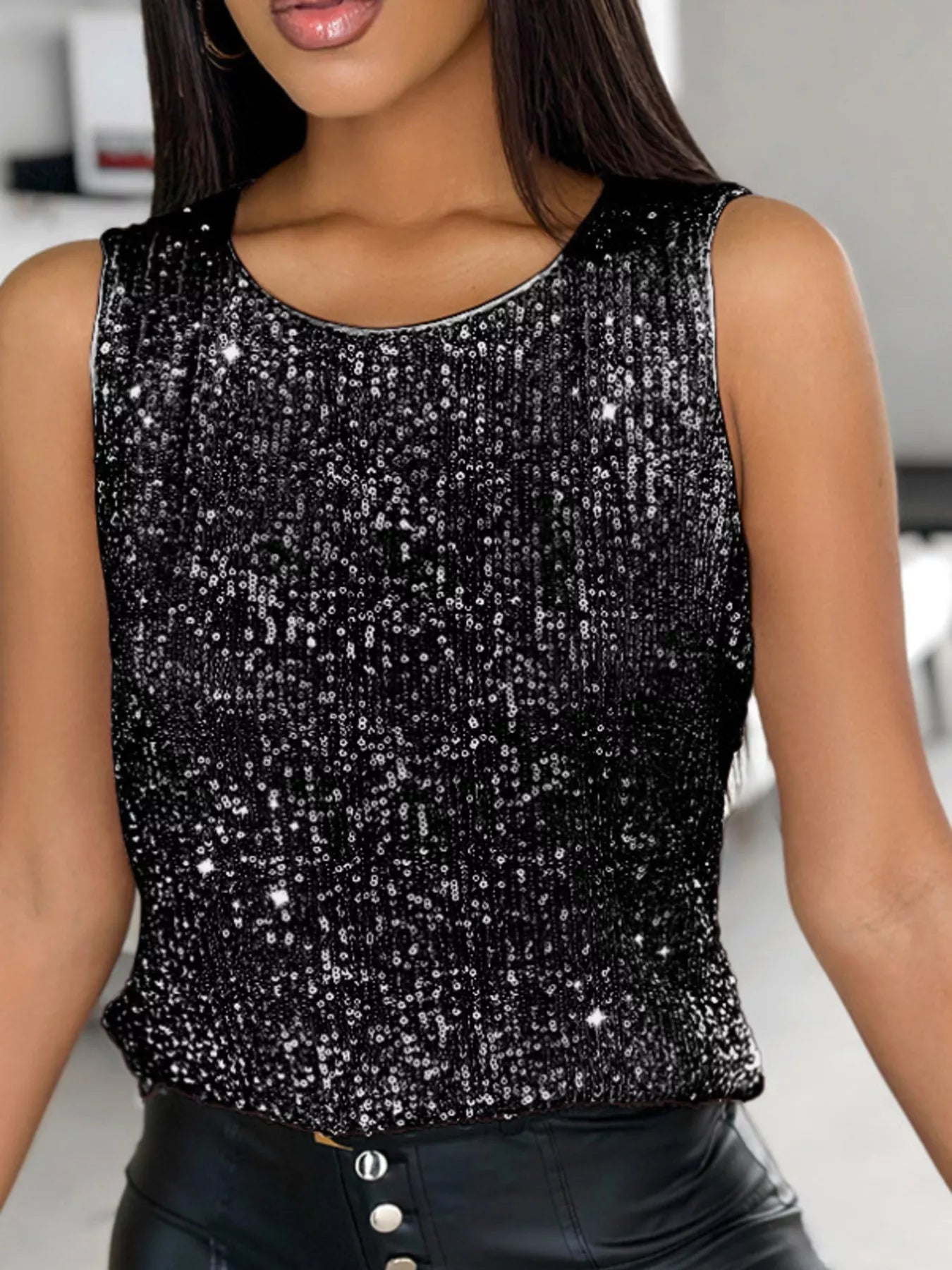 Sequin Round Neck Tank Top – view 3 | Lola Mariee