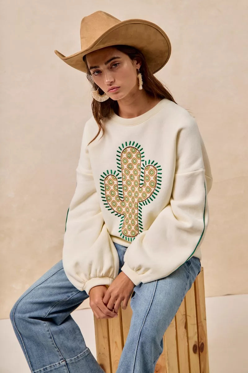 BiBi Cactus Embroidered Fleece Sweatshirt - Trendsi | Lola Mariee