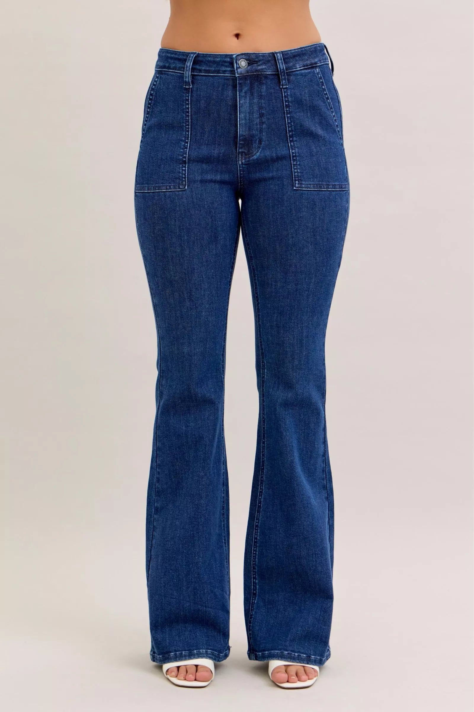 Judy Blue High Waist Flare Jeans with Front Patch Pockets - women's bottoms at Lola Mariee boutique