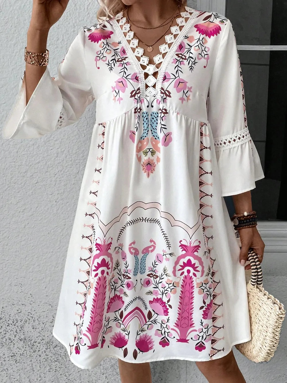 Lace Detail Printed Three-Quarter Sleeve Dress – view 4 | Lola Mariee