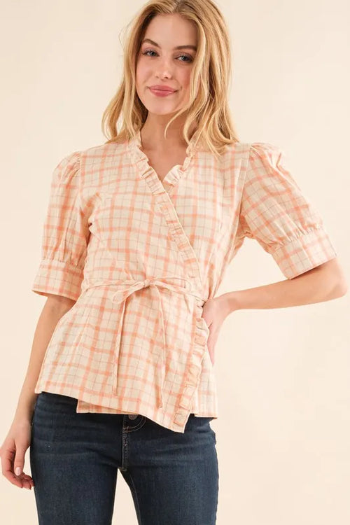 And The Why Plaid Patterned and Ruffled Wrap Blouse Top | Lola Mariee