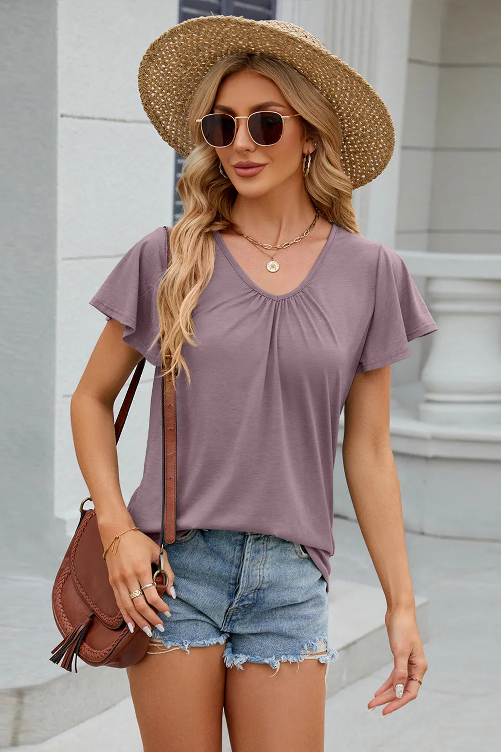 V-Neck Short Sleeve T-Shirt - Trendsi | Lola Mariee