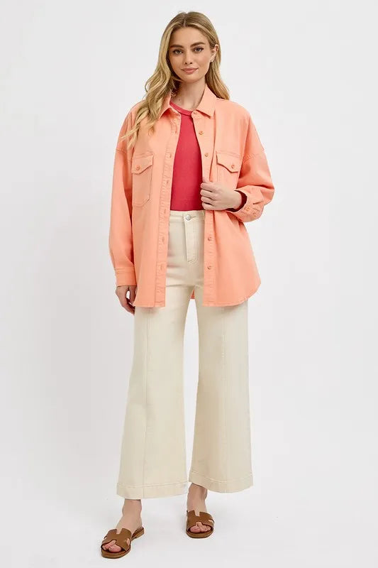 RISEN Full Size Button Down Long Sleeve Denim Shacket with Chest Pockets Plus Size - LOLA MARIEE | Lola Mariee