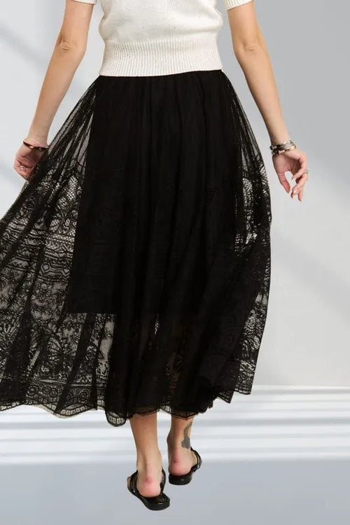 ADORA Elastic Waist Raw Hem Lace Maxi Skirt – view 2 | Lola Mariee