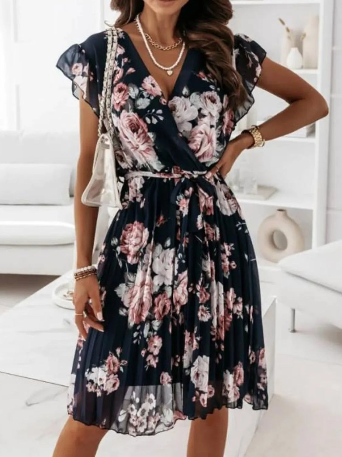 Floral Surplice Ruffled Cap Sleeve Dress - Trendsi | Lola Mariee