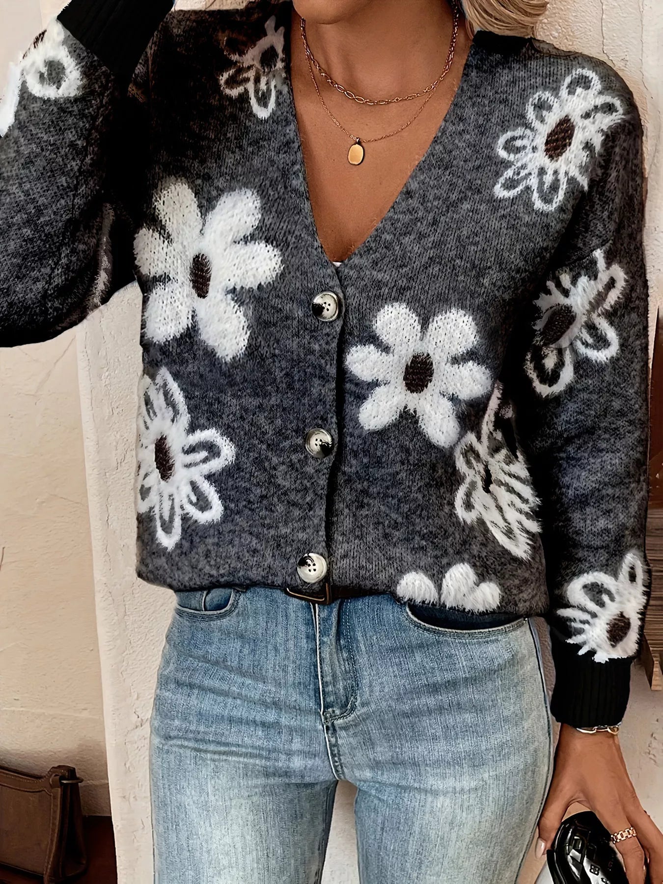 Floral Print Button-Up Knit Cardigan – view 9 | Lola Mariee