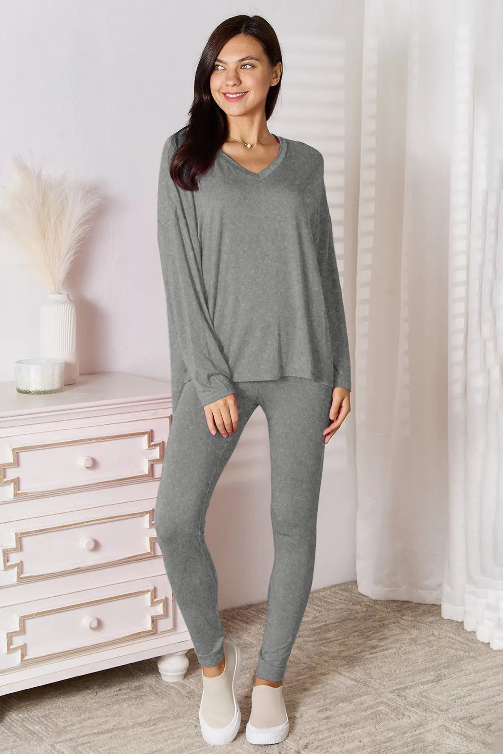 Basic Bae Bamboo Full Size V-Neck Long Sleeve Top and Pants Lounge Set | Lola Mariee