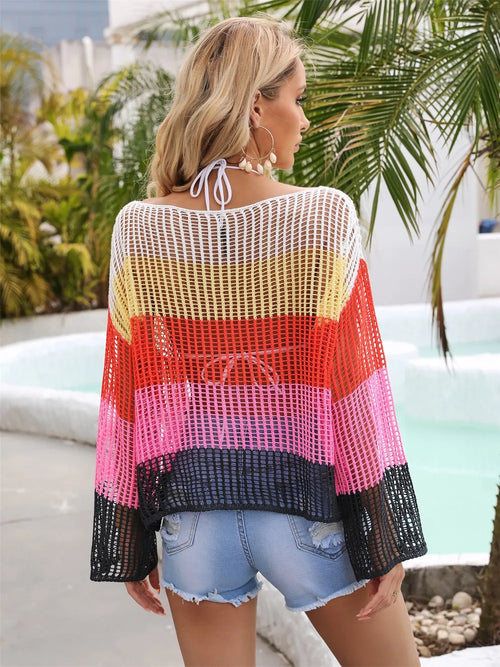 Angel Wings Color Block Openwork Boat Neck Cover Up – view 2 | Lola Mariee