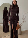 Turtleneck Long Sleeve Tie Waist Maxi Dress - Trendsi | Lola Mariee