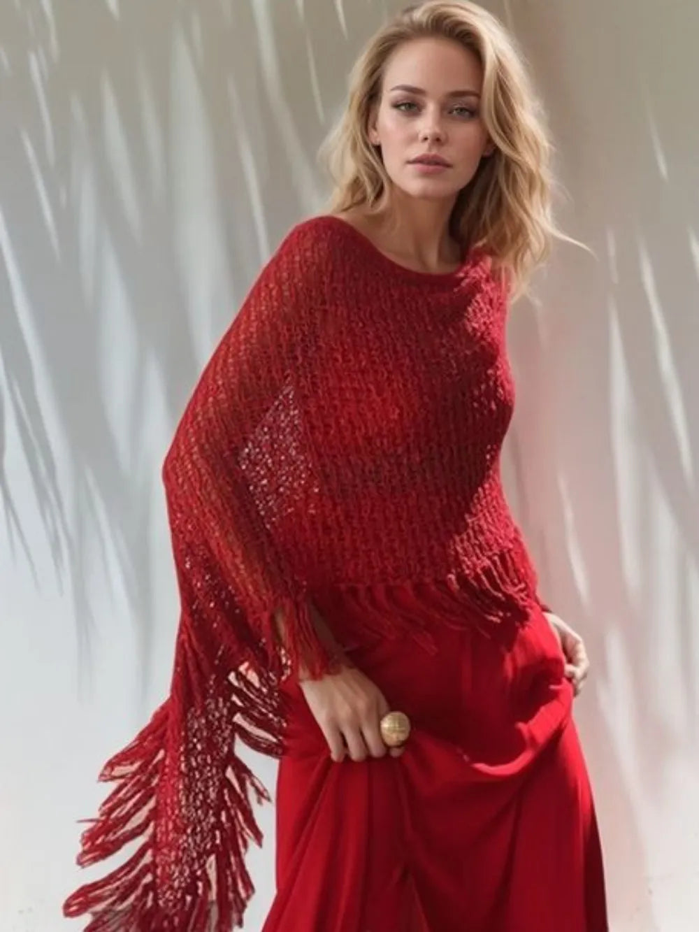 Tassel Boat Neck Knit Shawl – view 10 | Lola Mariee