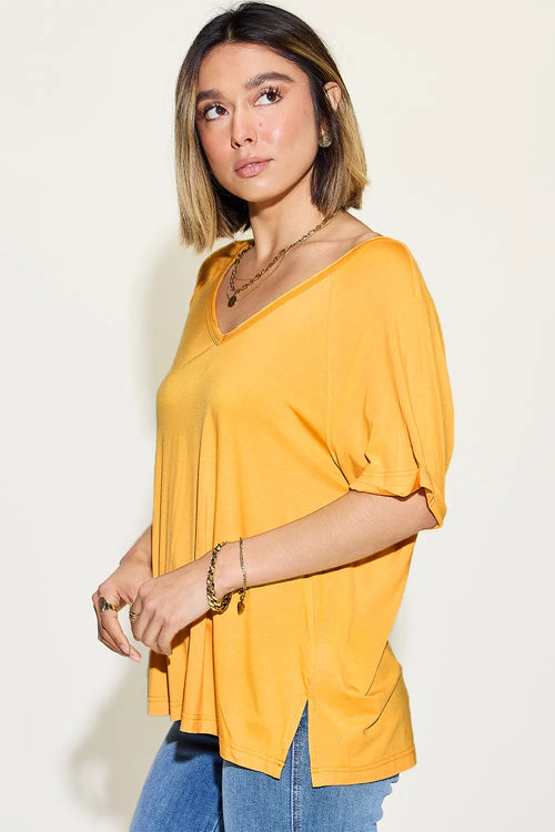 Basic Bae Full Size Bamboo Slit V-Neck Short Sleeve T-Shirt – view 2 | Lola Mariee