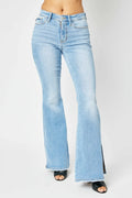 Judy Blue Full Size Mid Rise Raw Hem Slit Flare Jeans - women's bottoms at Lola Mariee boutique