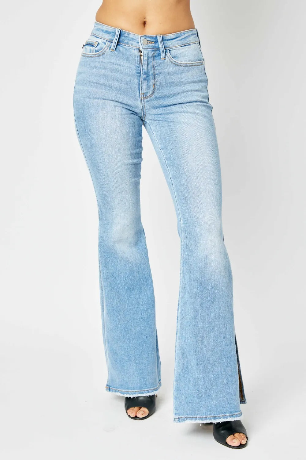 Judy Blue Full Size Mid Rise Raw Hem Slit Flare Jeans - women's bottoms at Lola Mariee boutique