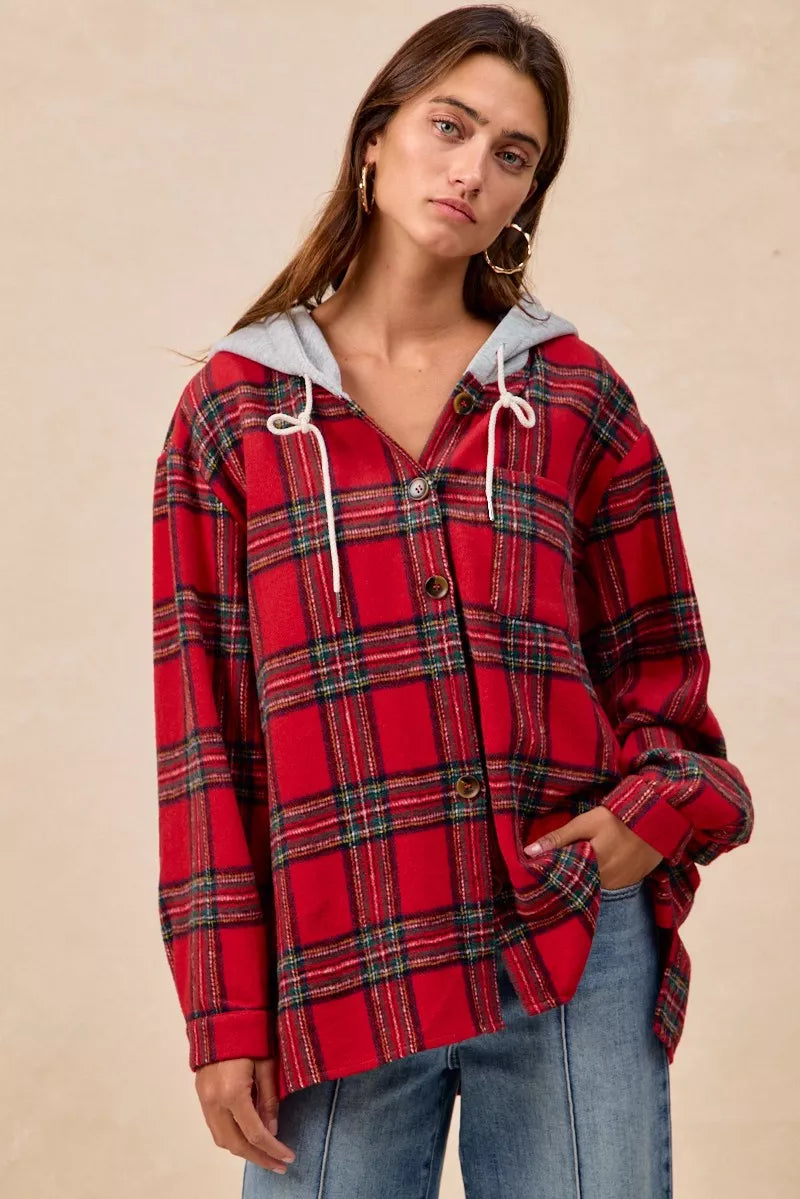 BiBi Brushed Plaid Hooded Jacket - Trendsi | Lola Mariee