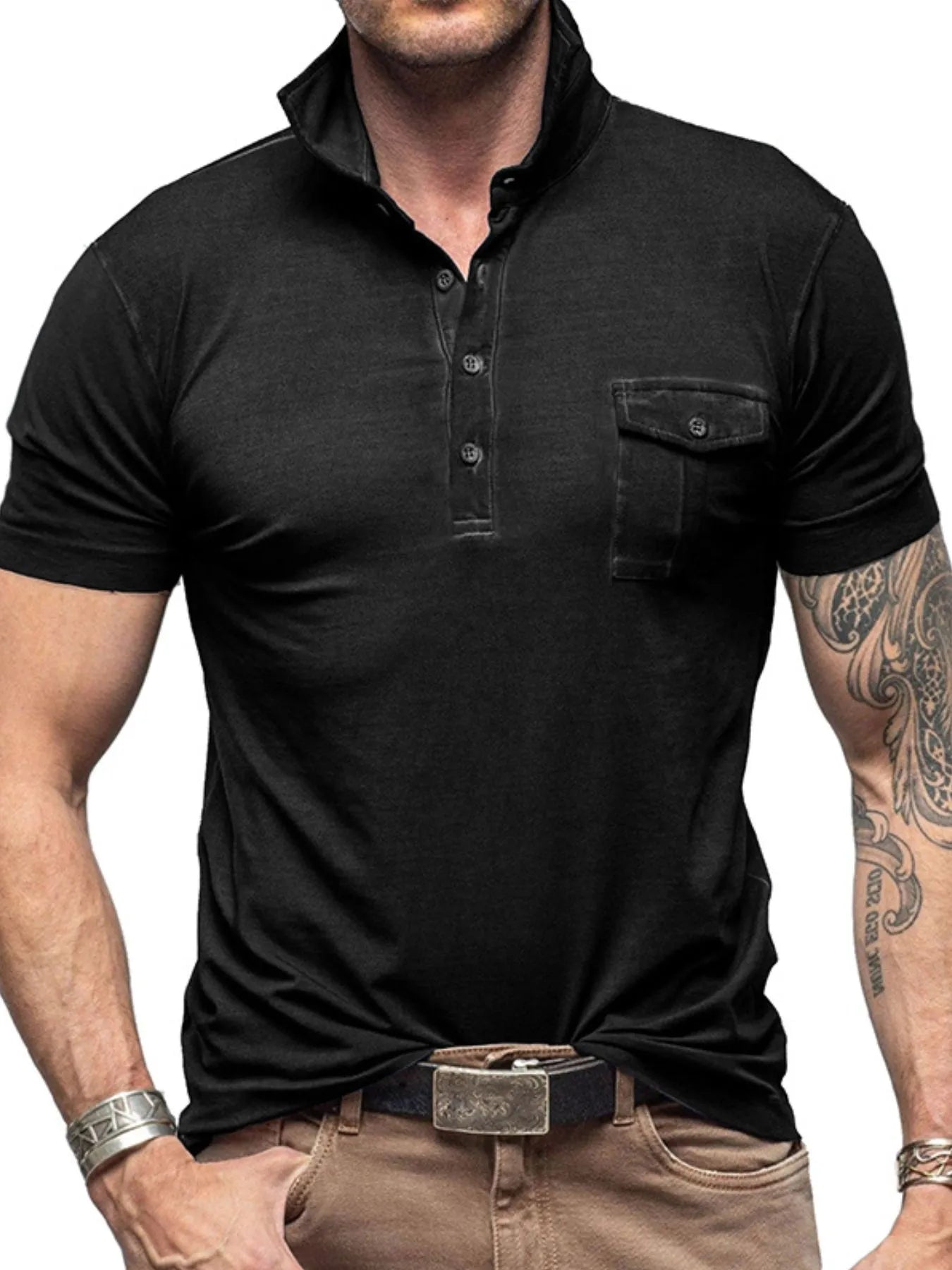 Men's Classic Pocket Polo Shirt with Stand Collar – view 10 | Lola Mariee