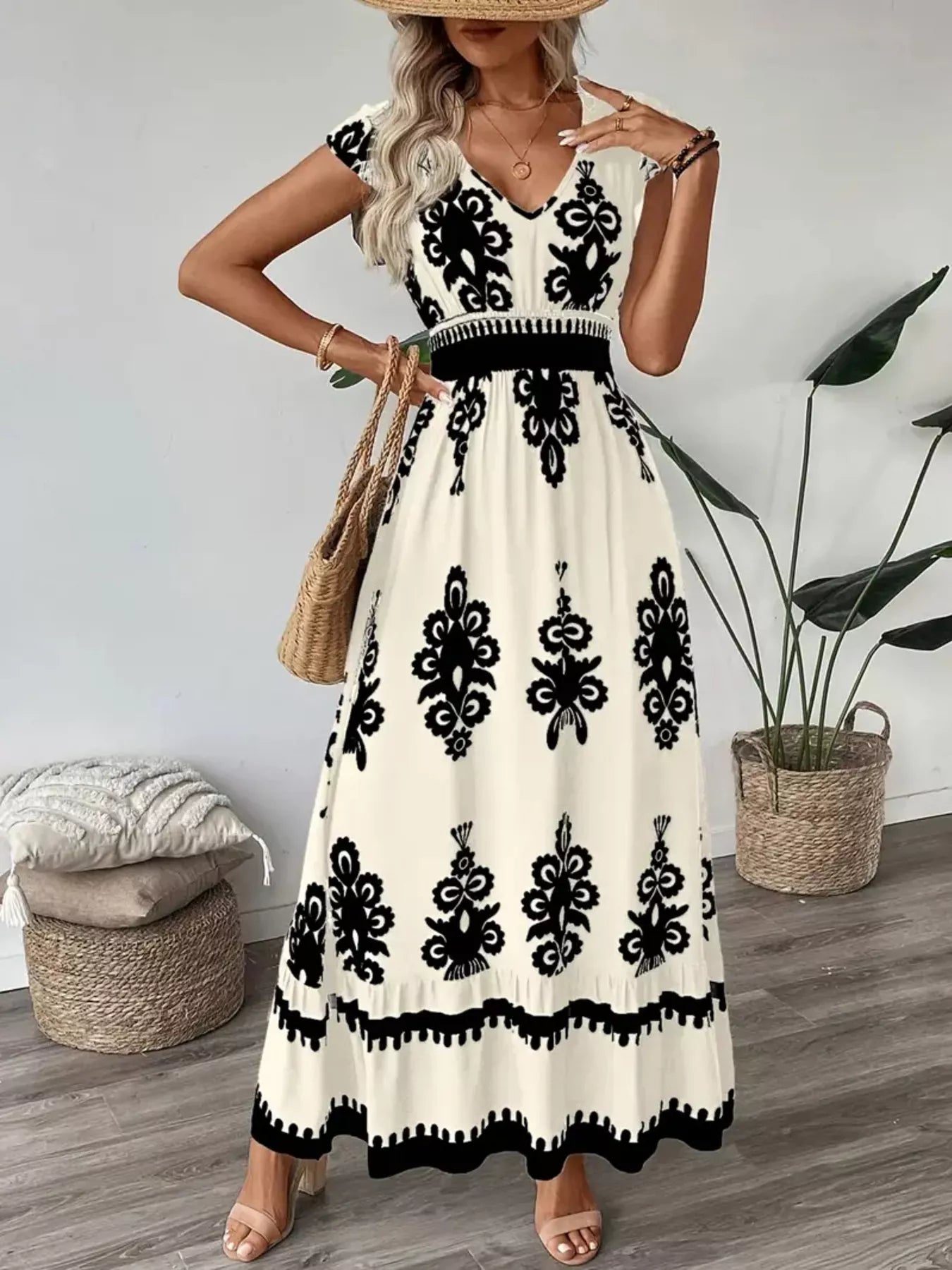 Printed V-Neck Ruffled Cap Sleeve Dress – view 4 | Lola Mariee
