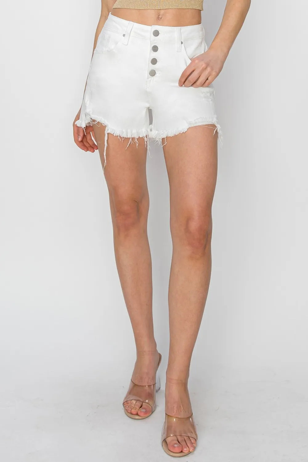 RISEN Button Fly Frayed Hem Denim Shorts - LOLA MARIEE | Lola Mariee