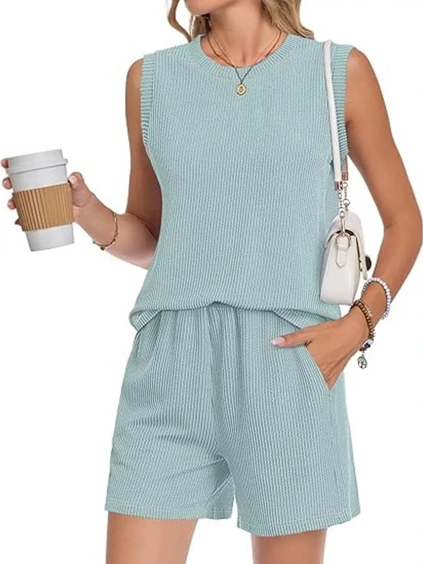 Casual Ribbed Knit Sleeveless Top and Shorts Set - Trendsi | Lola Mariee